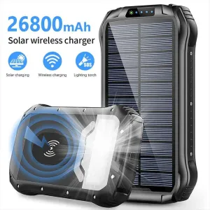 26800mAh Solar Power Bank with Wireless Charging, LED Camping Light, Waterproof &amp; Fast Charging  Powerbank