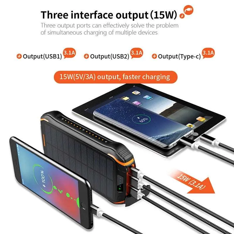 26800mAh Solar Power Bank with Wireless Charging, LED Camping Light, Waterproof &amp; Fast Charging  Powerbank