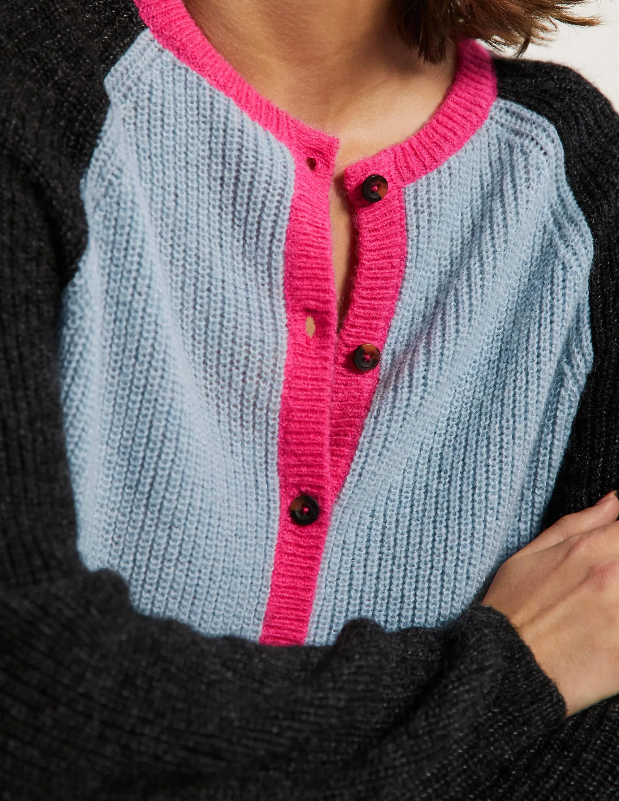 Fluffy Colourblock Cardigan-Dawn Blue, Charcoal