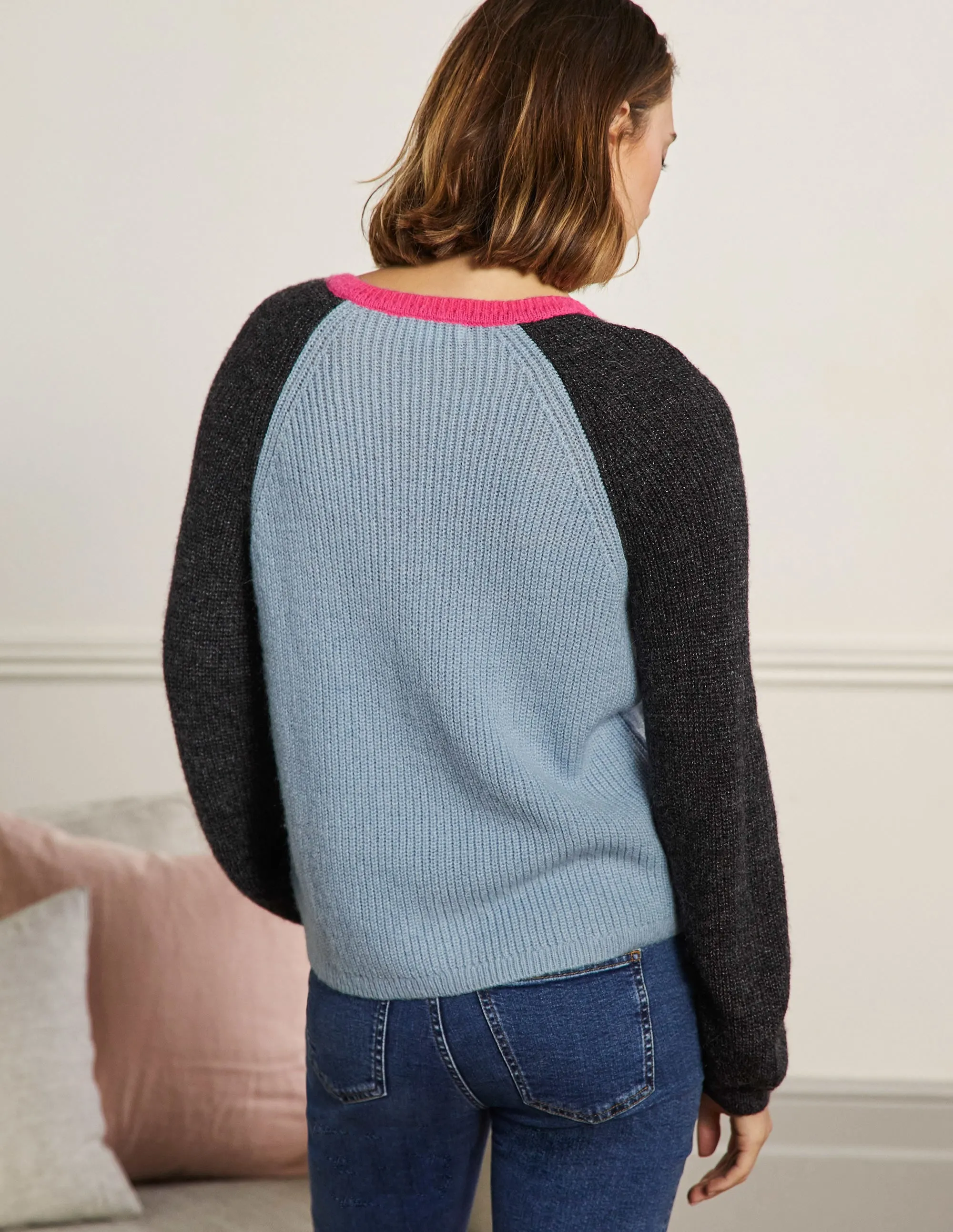 Fluffy Colourblock Cardigan-Dawn Blue, Charcoal