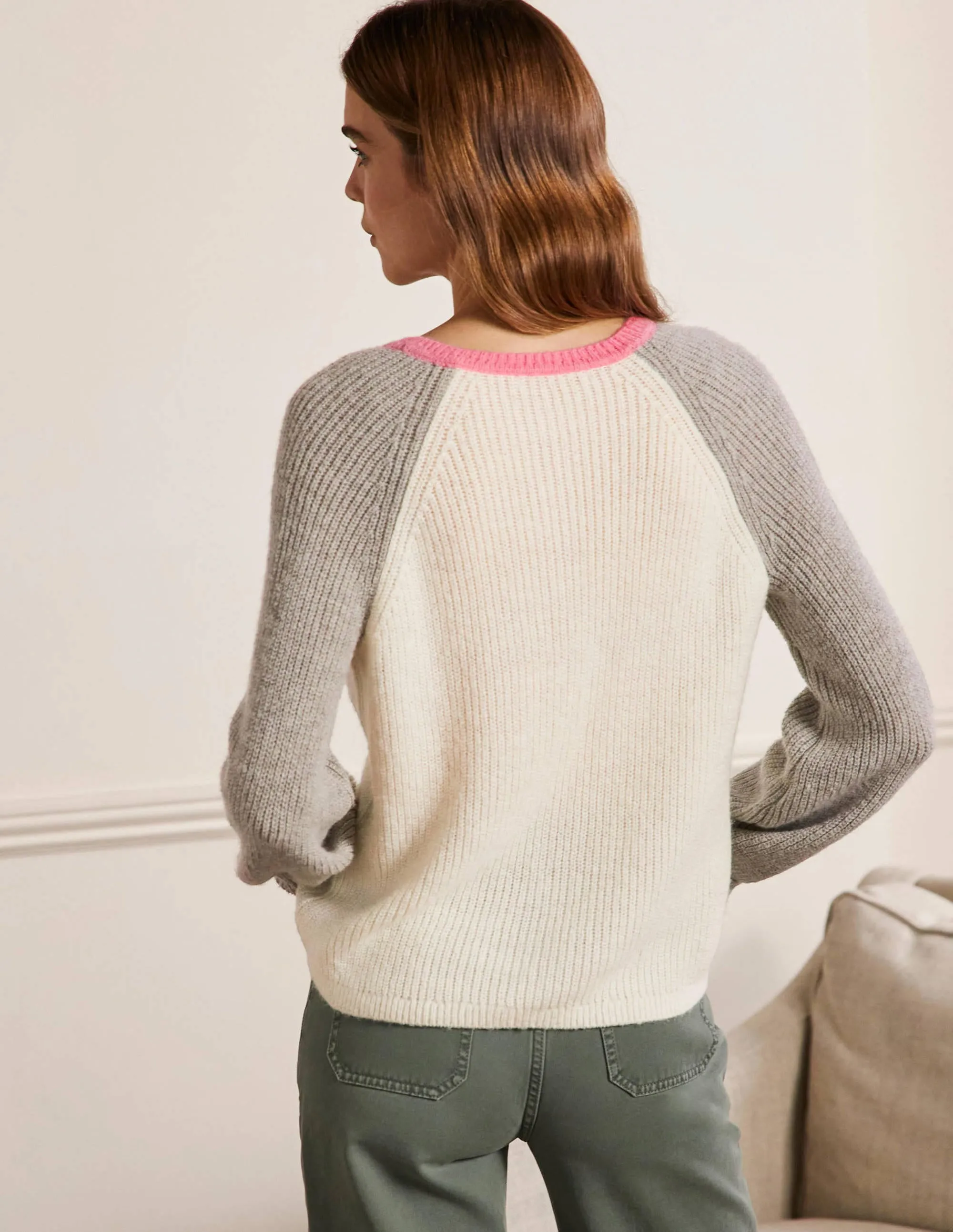 Fluffy Colourblock Cardigan-Ivory, Grey Melange