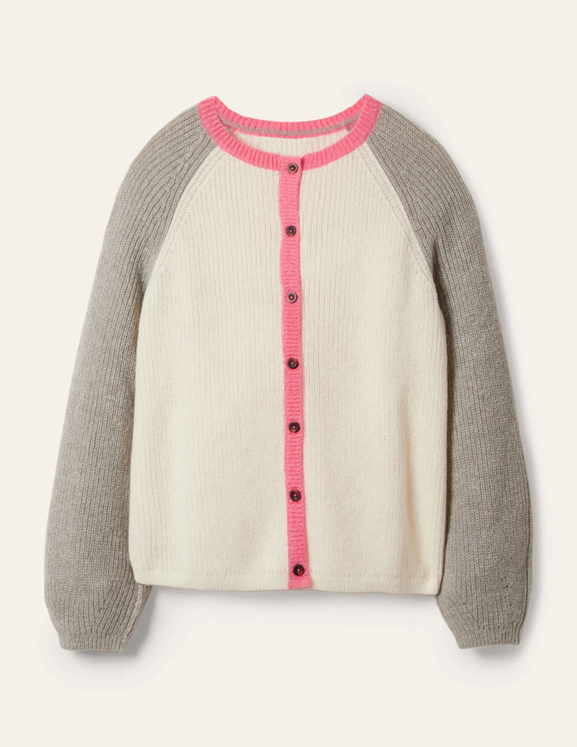 Fluffy Colourblock Cardigan-Ivory, Grey Melange