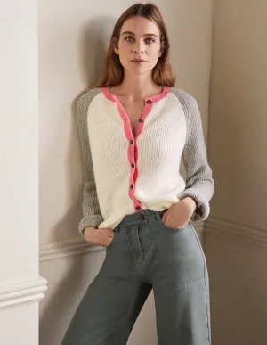 Fluffy Colourblock Cardigan-Ivory, Grey Melange