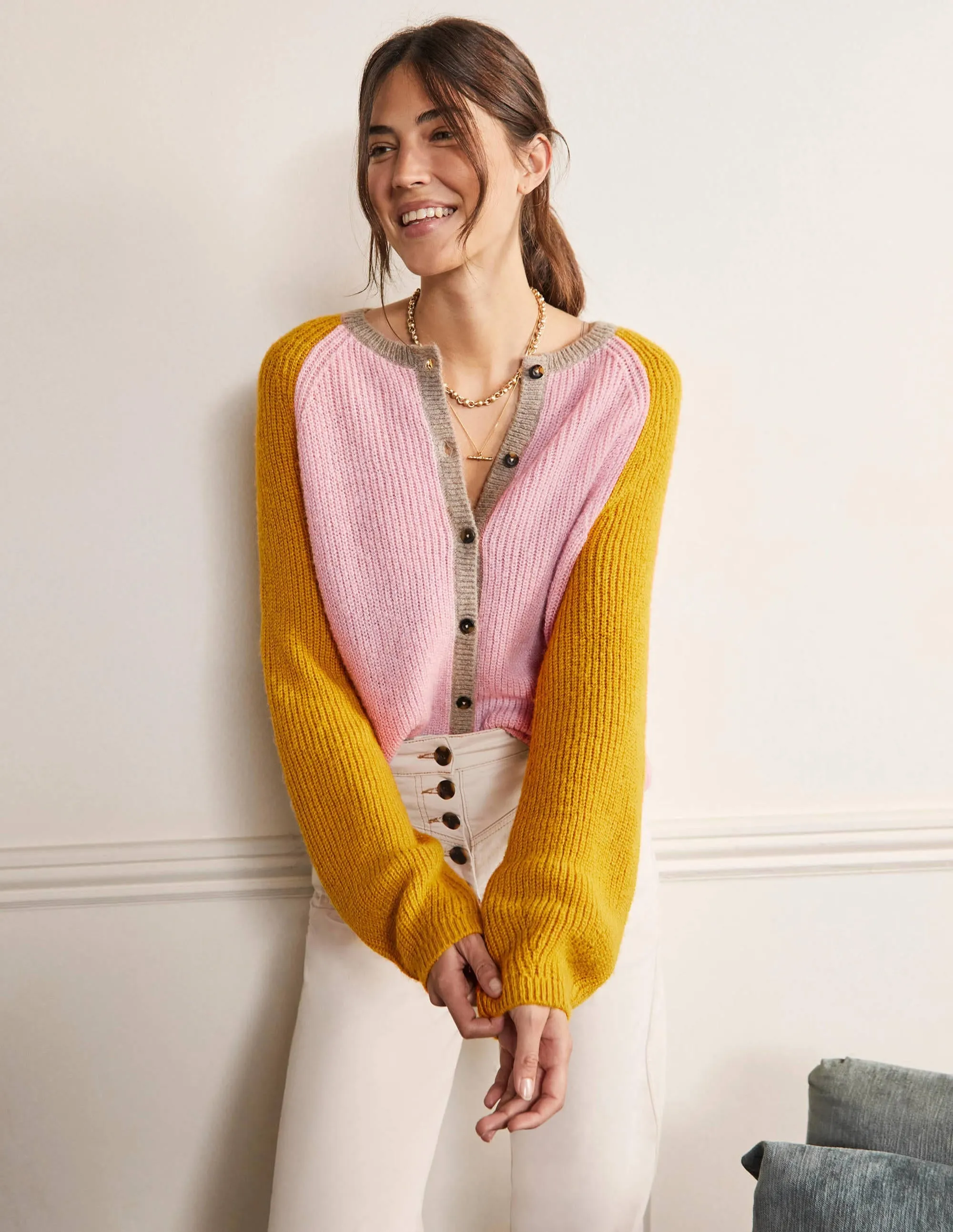 Fluffy Colourblock Cardigan-Milkshake, Olive Oil