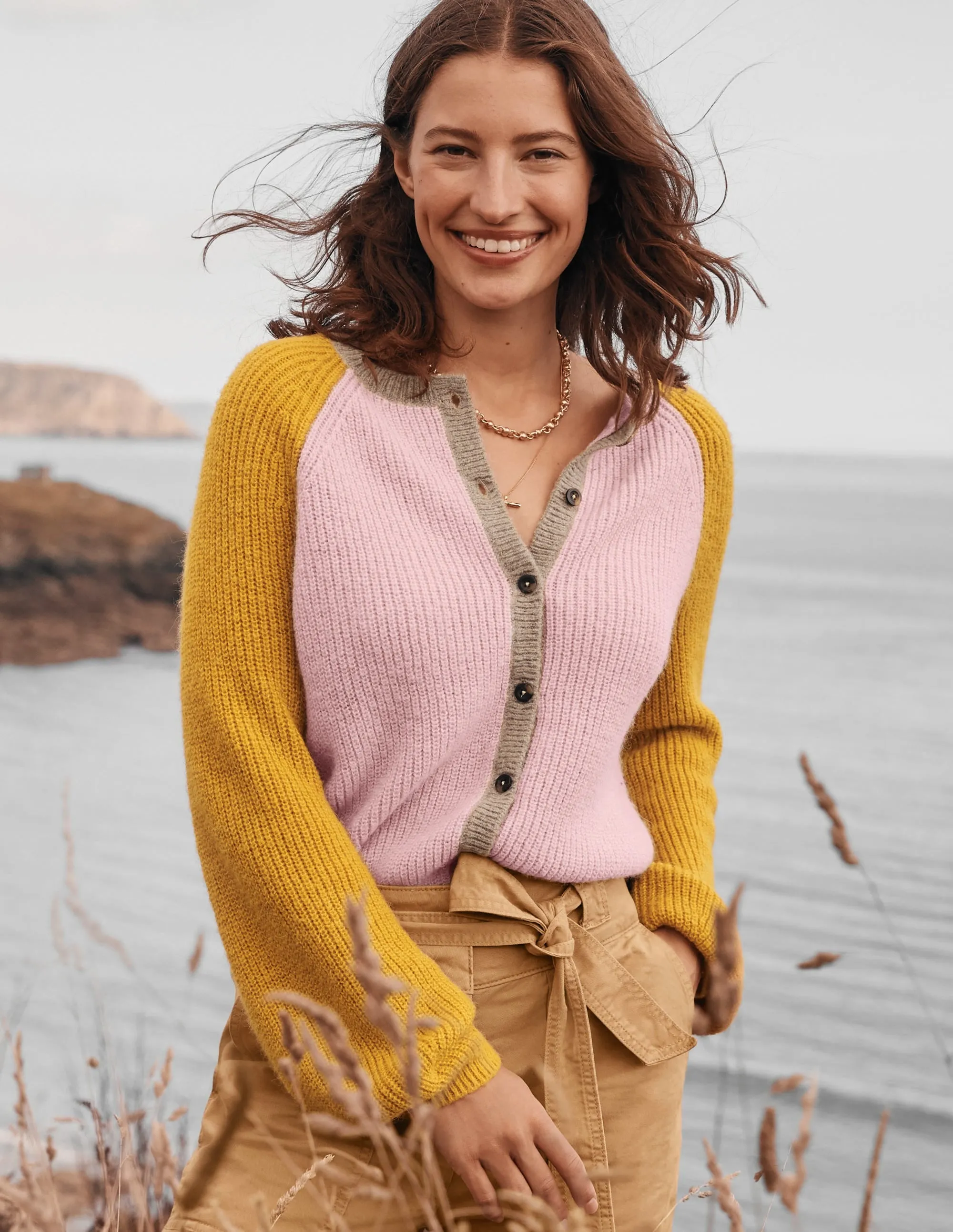 Fluffy Colourblock Cardigan-Milkshake, Olive Oil