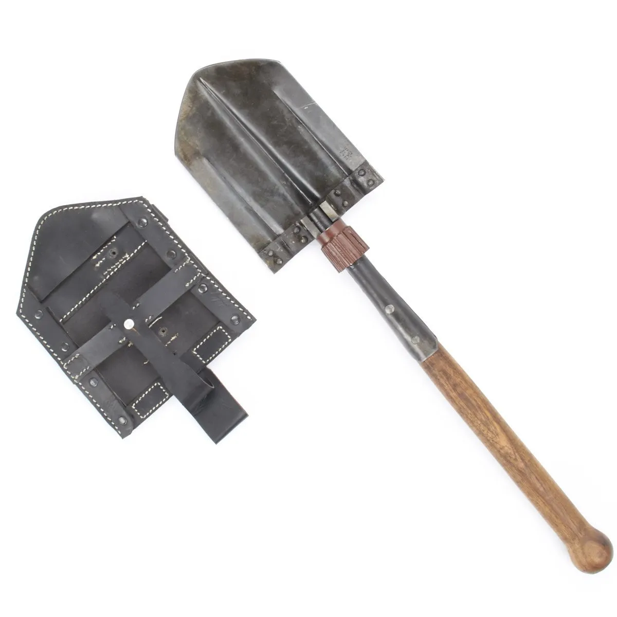 German WWII Folding Shovel Klappspaten (Foldable Spade) with Leather Carry Cover