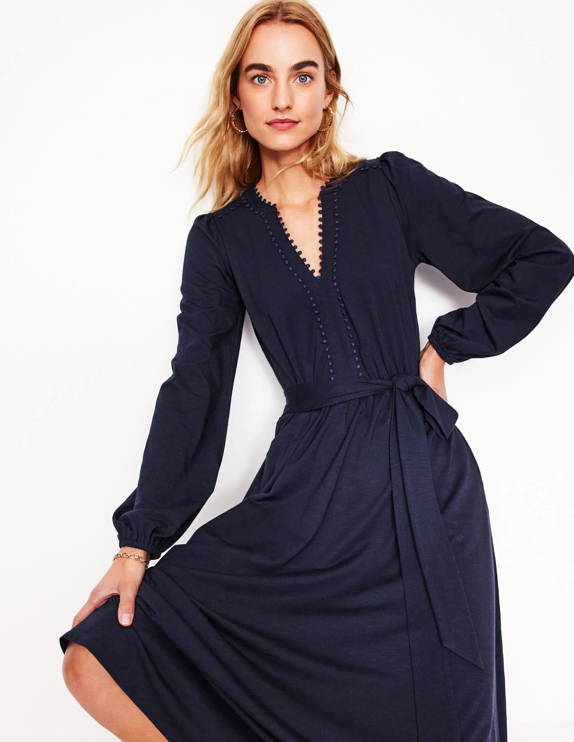 Maeve Trim Jersey Midi Dress-Navy