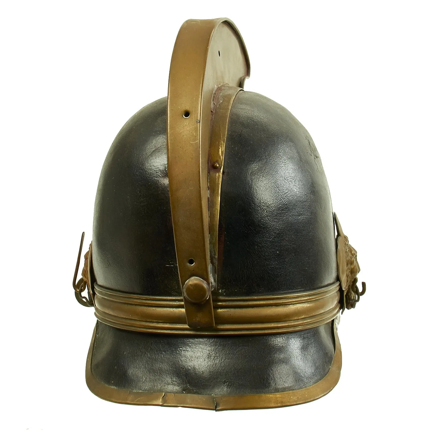 Original Belgian WWI Leather #4 Fire Brigade Helmet with Brass Comb & Hardware