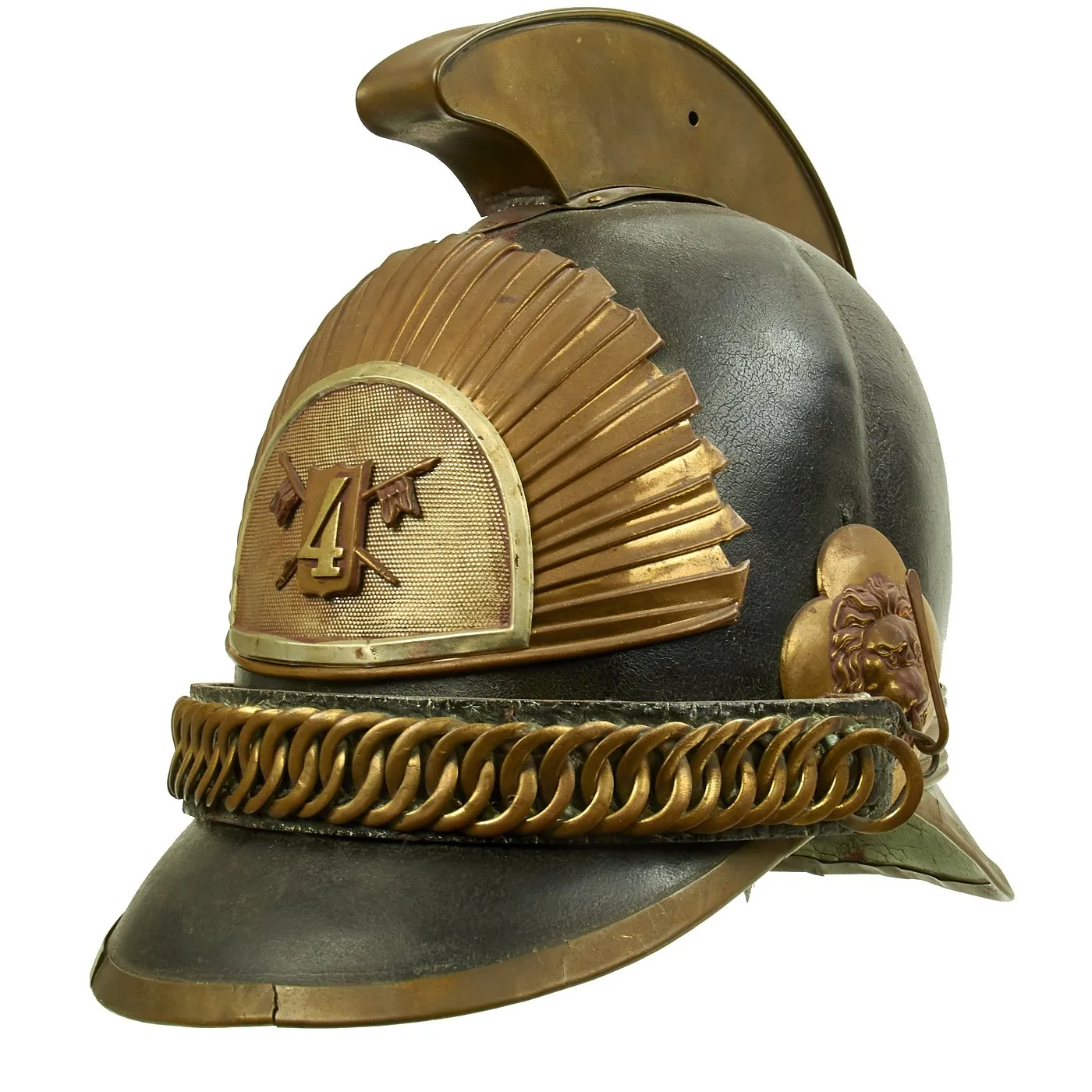 Original Belgian WWI Leather #4 Fire Brigade Helmet with Brass Comb & Hardware