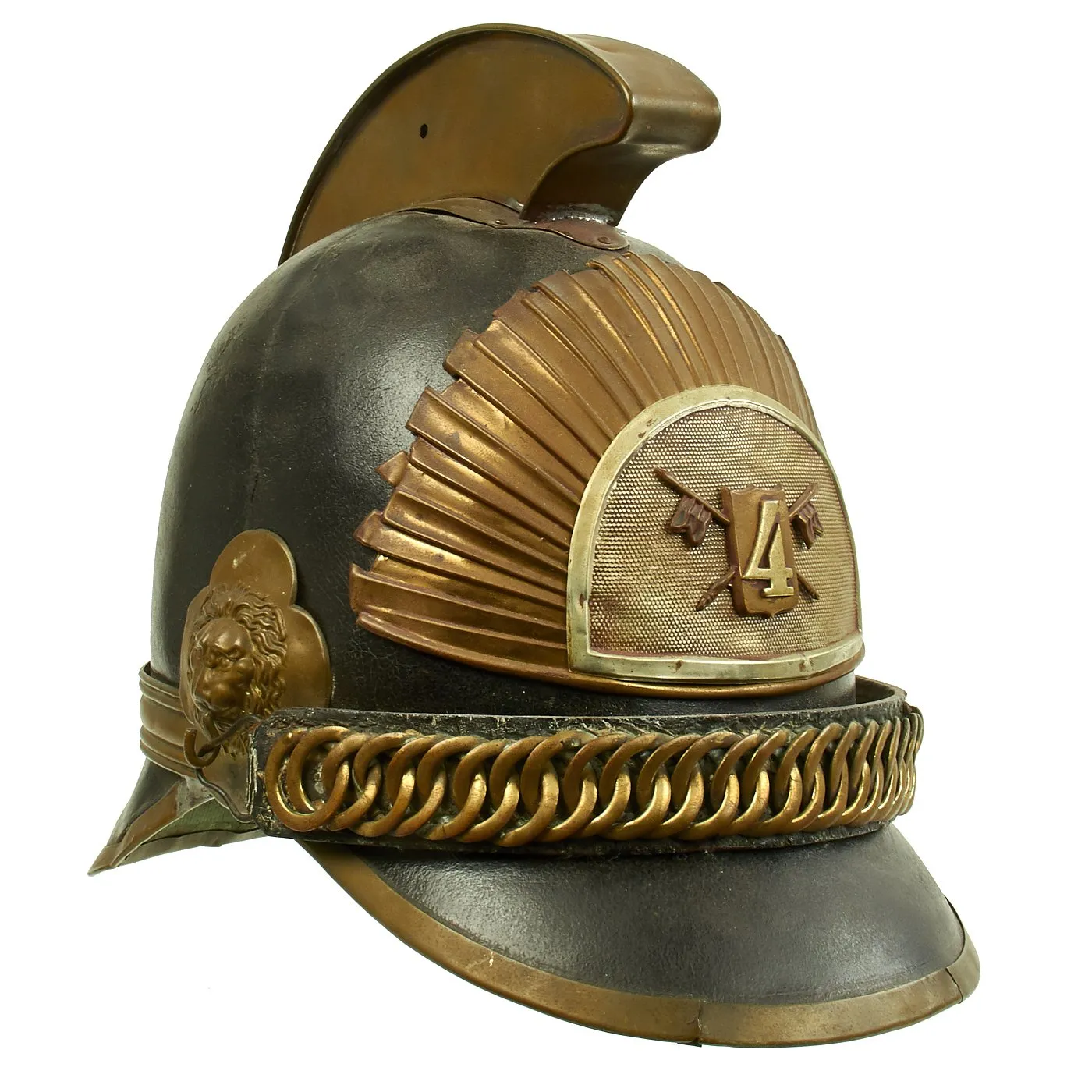 Original Belgian WWI Leather #4 Fire Brigade Helmet with Brass Comb & Hardware
