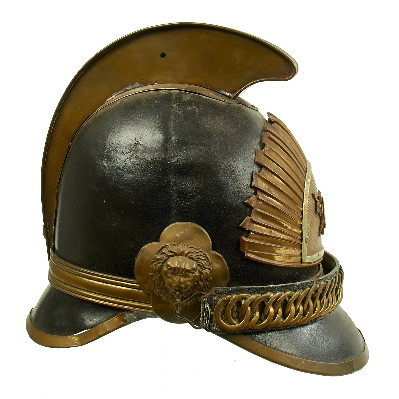 Original Belgian WWI Leather #4 Fire Brigade Helmet with Brass Comb & Hardware