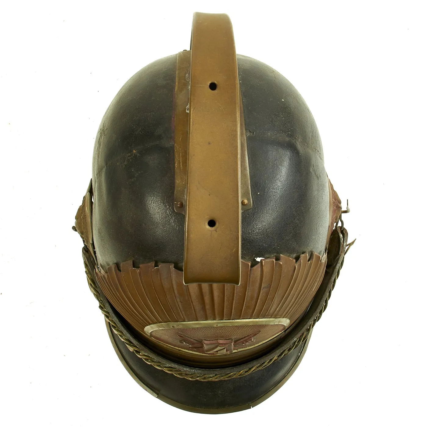 Original Belgian WWI Leather #4 Fire Brigade Helmet with Brass Comb & Hardware
