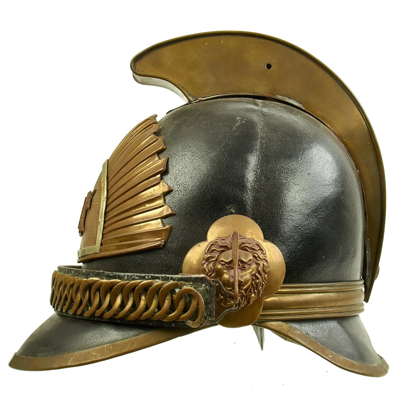 Original Belgian WWI Leather #4 Fire Brigade Helmet with Brass Comb & Hardware
