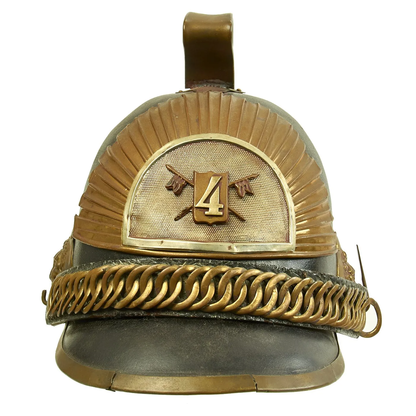 Original Belgian WWI Leather #4 Fire Brigade Helmet with Brass Comb & Hardware