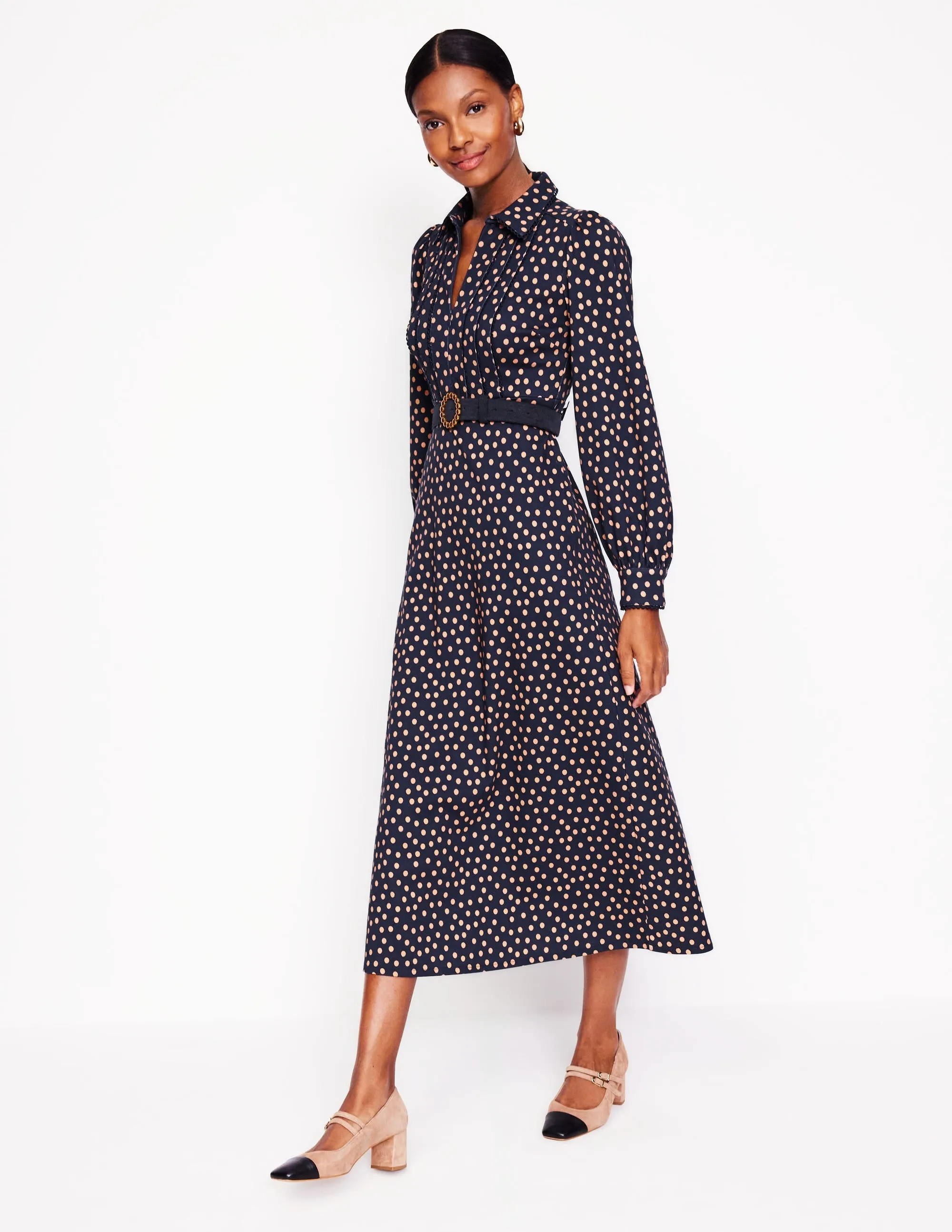 Pip Zip-Up Ponte Midi Dress-French Navy, Abstract Dot