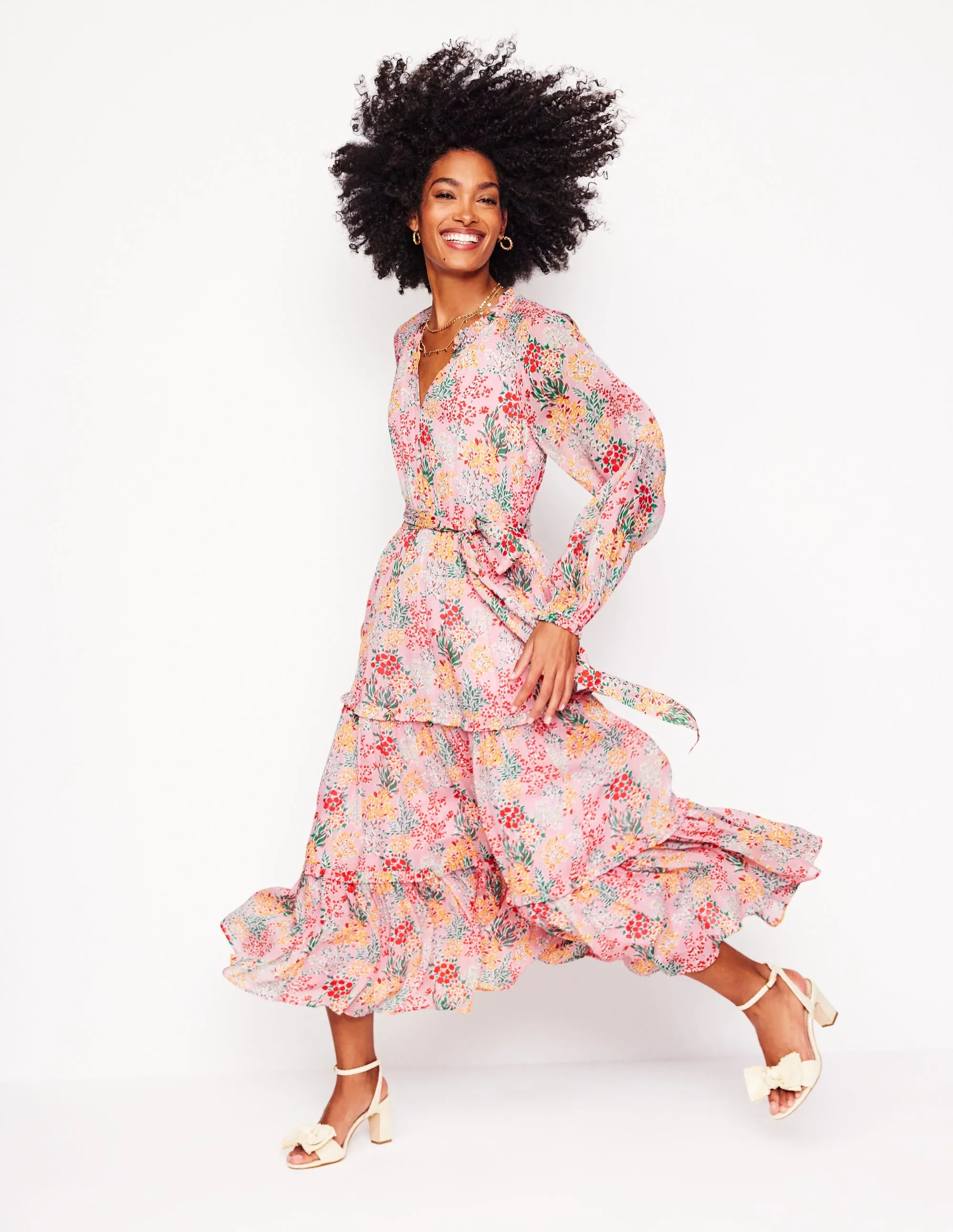 Ruffle Smocked Midi Dress-Almond Pink, Garden Bouquet