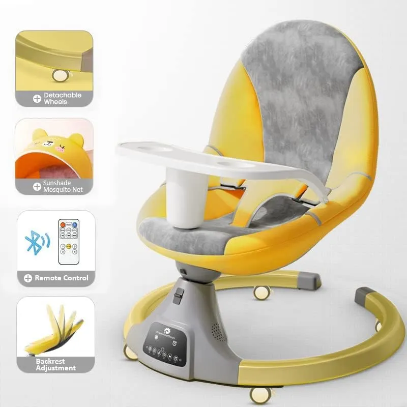 StarAndDaisy 2-in-1 Premium Automatic Electric Swing for Baby with Swivel Wheels, Mosquito Net with, Baby Rocker with Smart Touch Panel & Bluetooth Enabled Music and Remote Control. (Yellow)