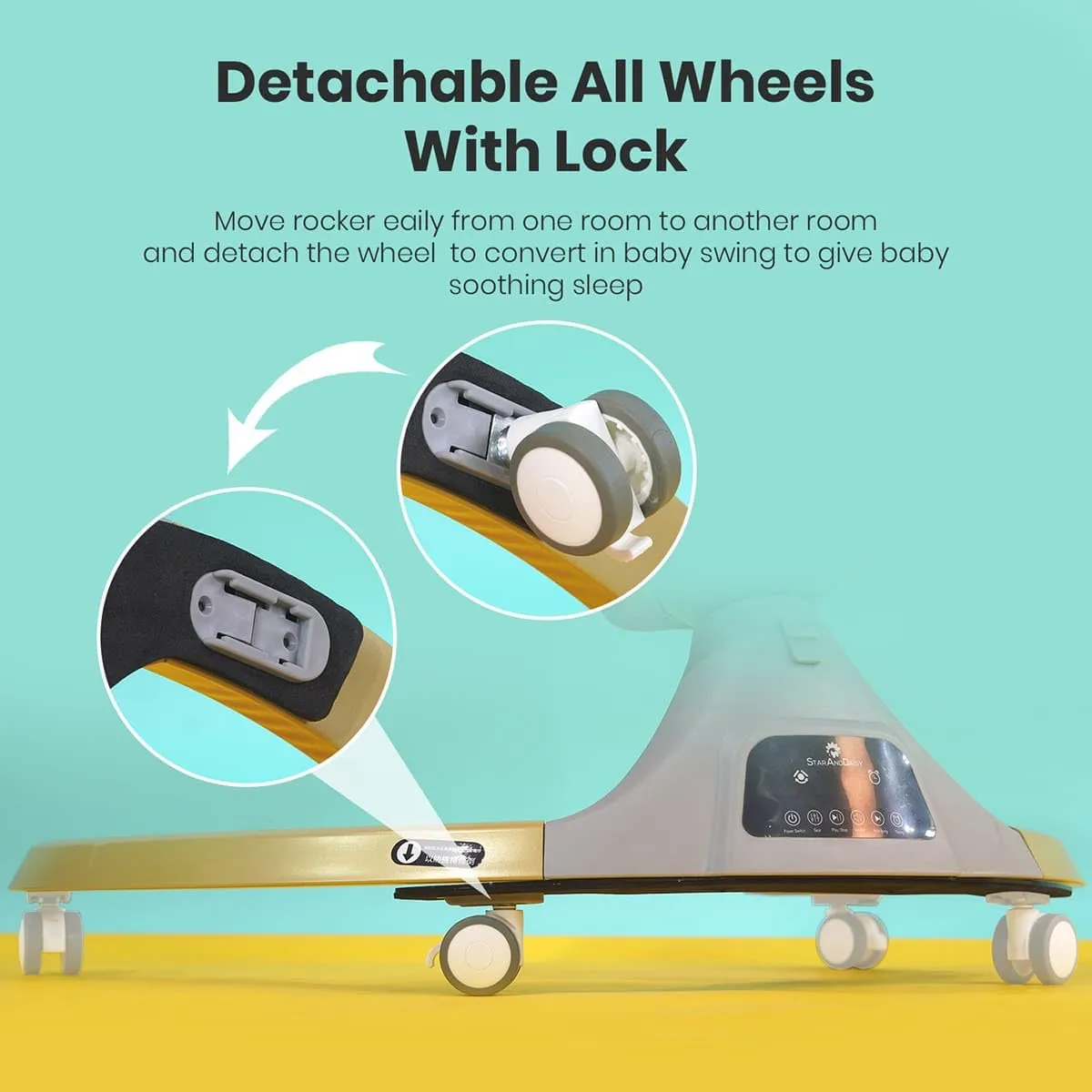 StarAndDaisy 2-in-1 Premium Automatic Electric Swing for Baby with Swivel Wheels, Mosquito Net with, Baby Rocker with Smart Touch Panel & Bluetooth Enabled Music and Remote Control. (Yellow)