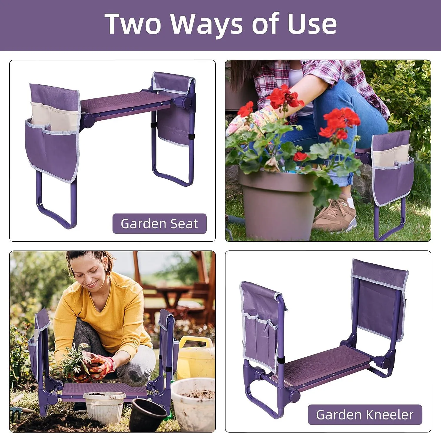 Upgrade Garden Kneeler Seat Garden Stools Bench with 2 Tool Pouches, Purple